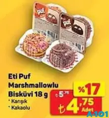 ETİ PUF MARSHMALLOWLU BİSKÜVİ 18 G fiyat ve kampanya bilgisi